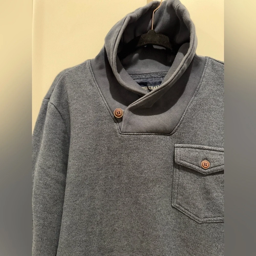 British Khaki est. 1980 Men’s Navy blue pullover, size L, shawl collar Fleece